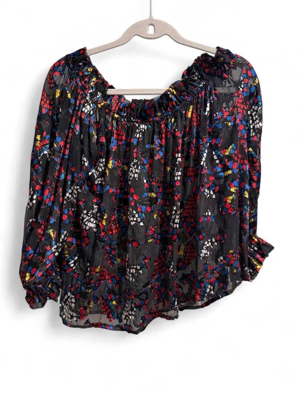 Saloni Boho Off-Shoulder Floral Peasant Top - Black/Multi